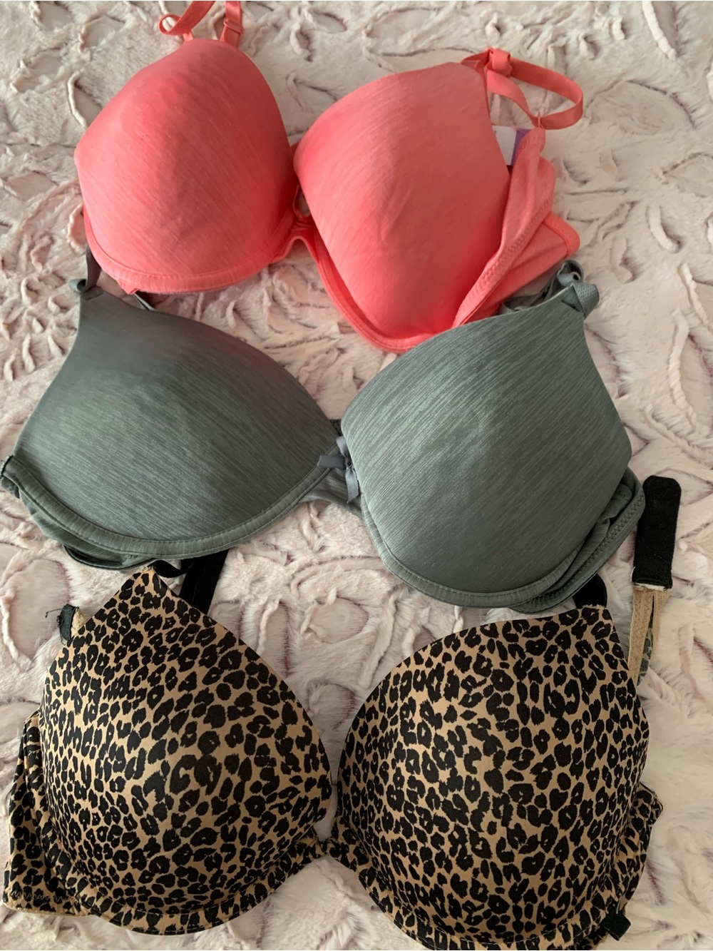 Secret Treasures Bras Lot 34C Nylon Underwire Molded Cups Pink Green Leopard